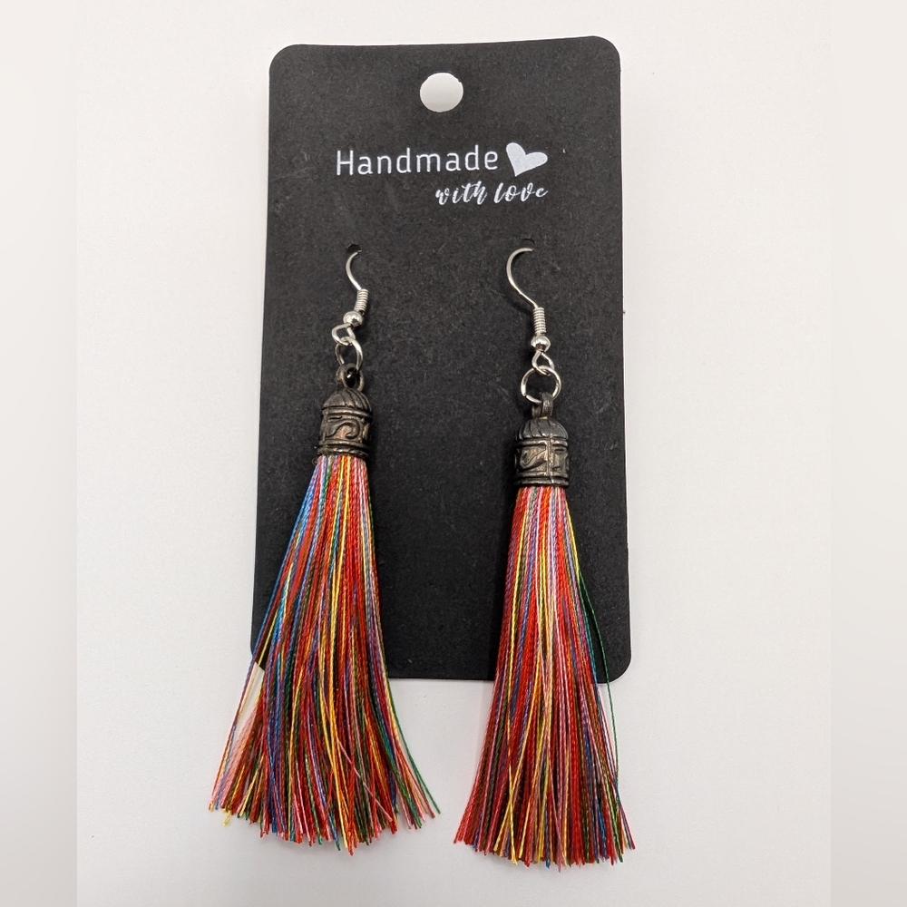 Handmade Rainbow Colored Earrings Tassel Fringe Boho Festival 3.25" NEW (Pair 2)